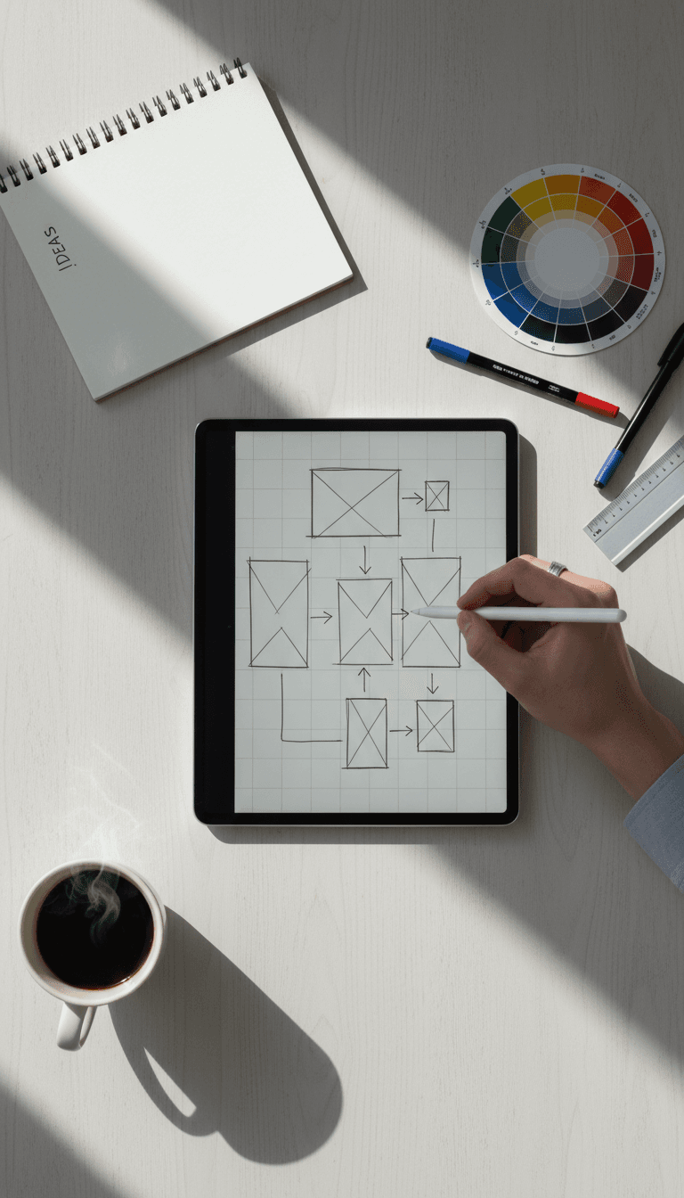 UX designer sketching interface wireframes on tablet