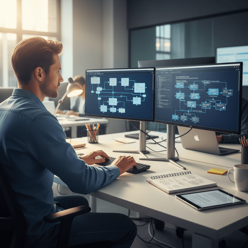 IT consultant reviewing system architecture on dual monitors