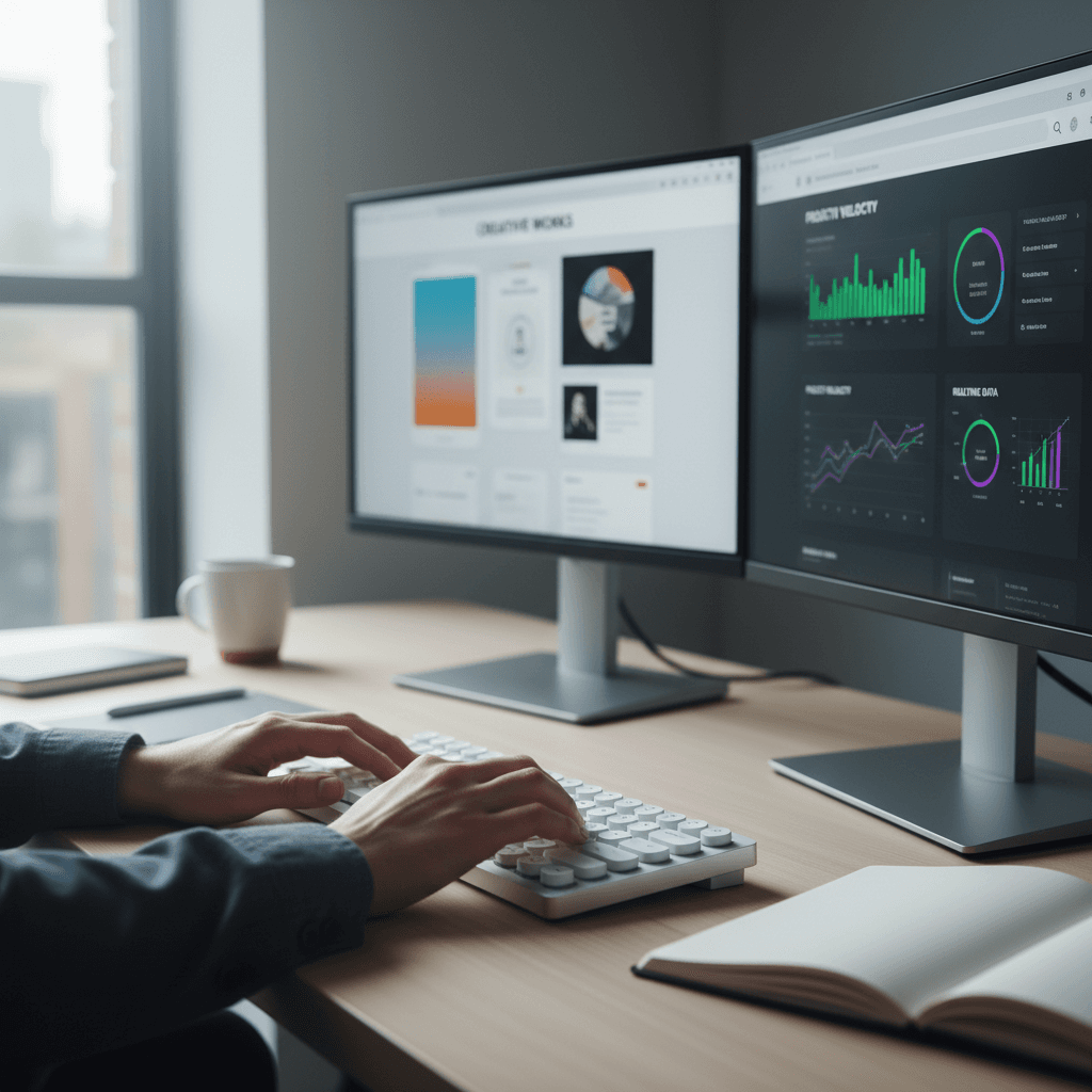 Developer reviewing system architecture on dual monitors