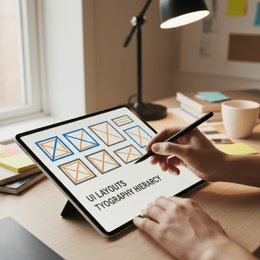 Designer sketching UX wireframes on tablet
